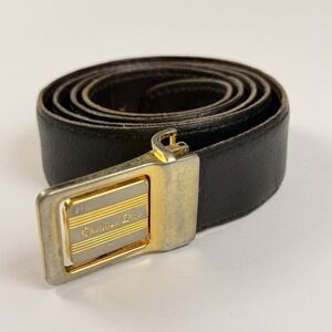 Vintage Christian Dior Black Leather Belt Gold Logo Buckle Removable Size 36